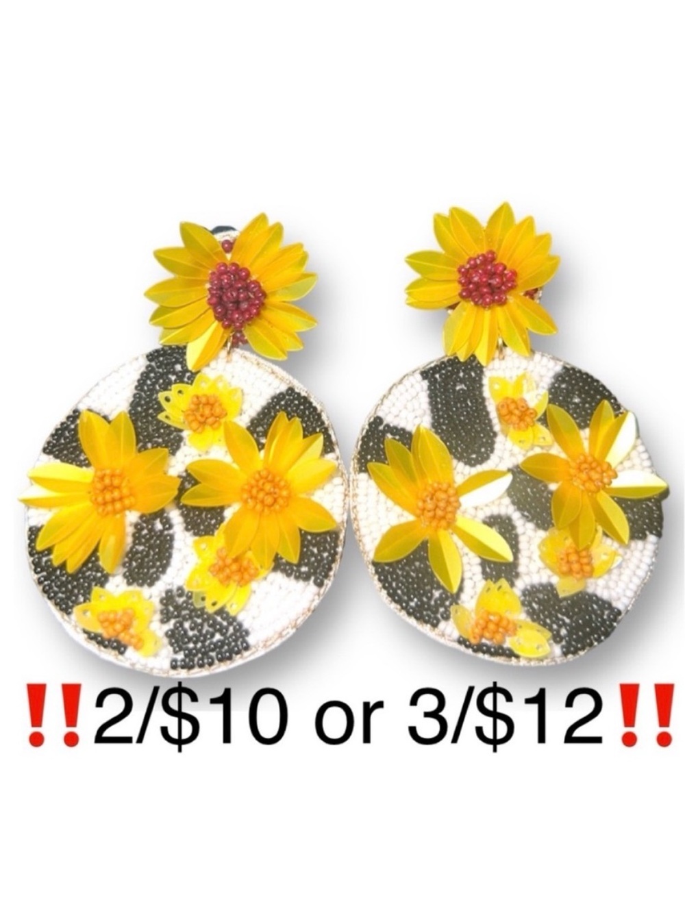 Sunflower Cow Print Earrings Post Back Seed Bead Dangling Statement Earrings